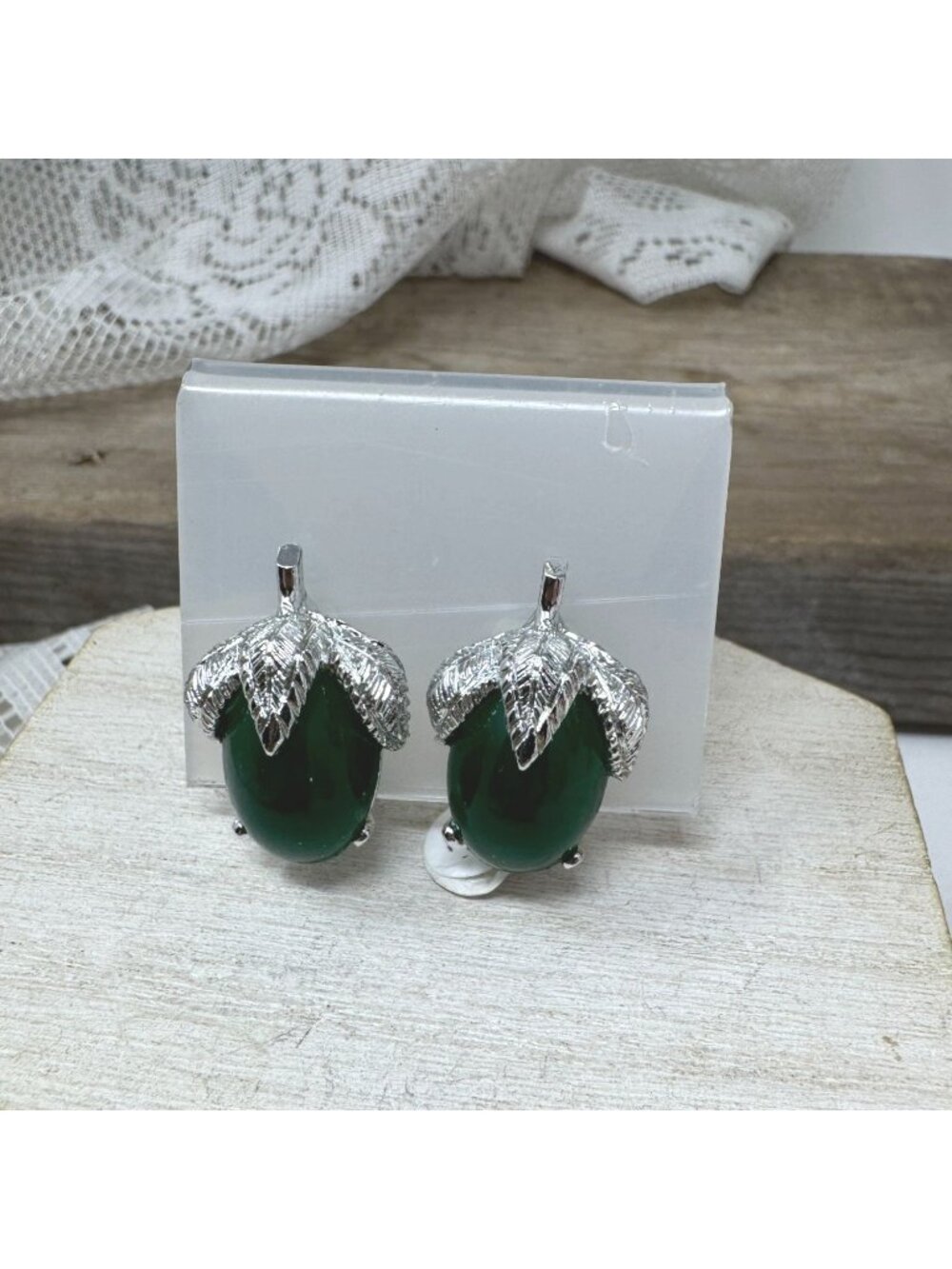 Vintage Judy Lee Green Glass Cabochon Fruit Earrings Clip on